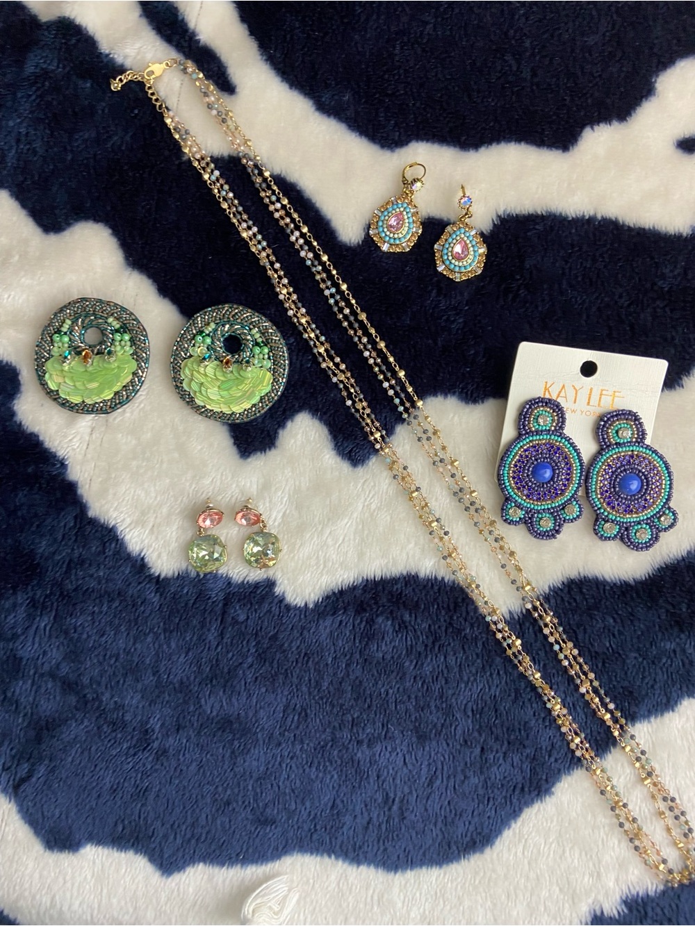 Bundle Statement Pierced Earrings Sequin Beaded Gold Tone Rhinestone & Necklace
